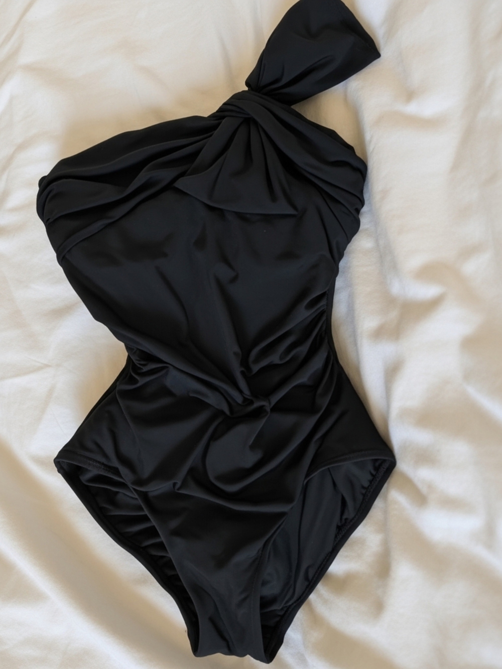 Carmen Marc Valvo One-Shoulder Black Ruched One-Piece Swimsuit